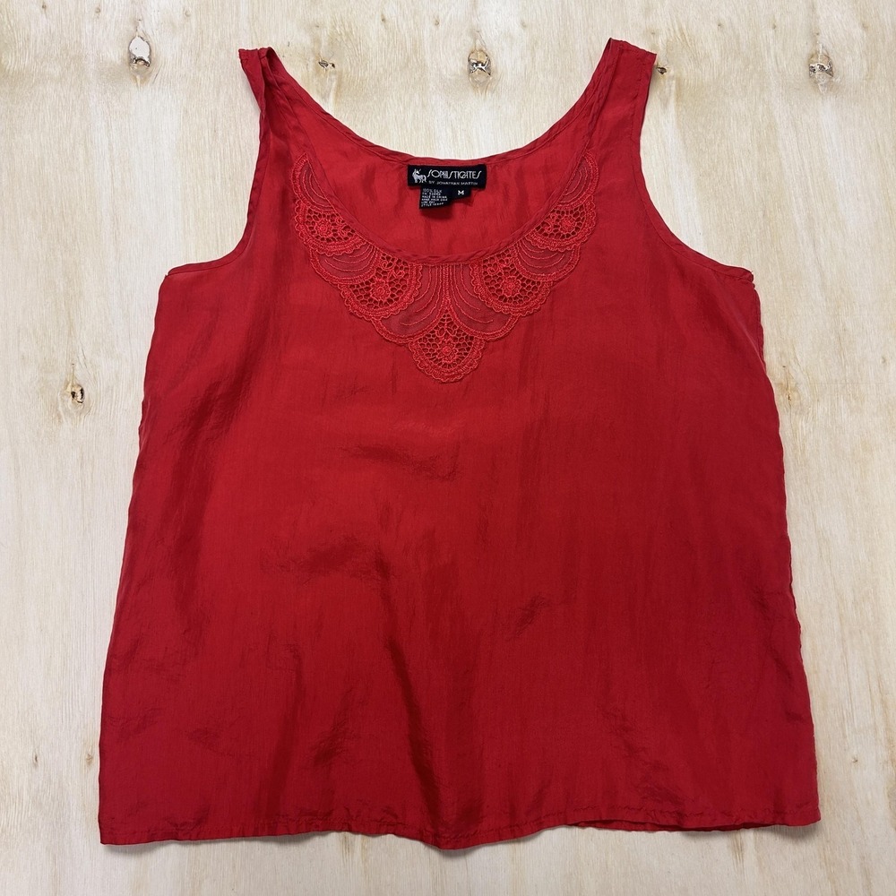 Sophisticates Tank Top Womens Medium Red 100% Silk Crochet Trim Scoop Neck Cami